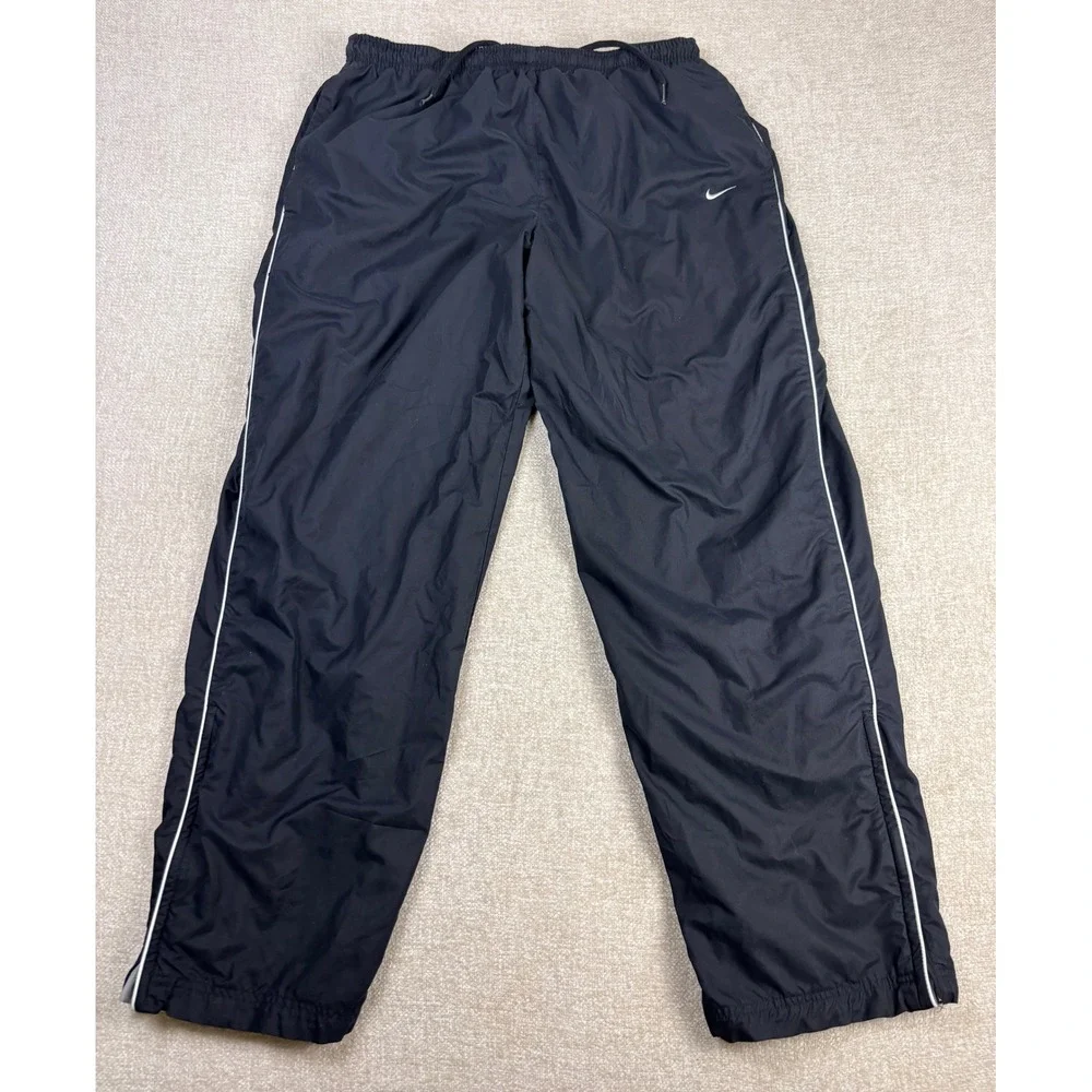 Nike Mens XL Black Nylon Jersey Lined Track Pants White Piping Zipper Cuffs